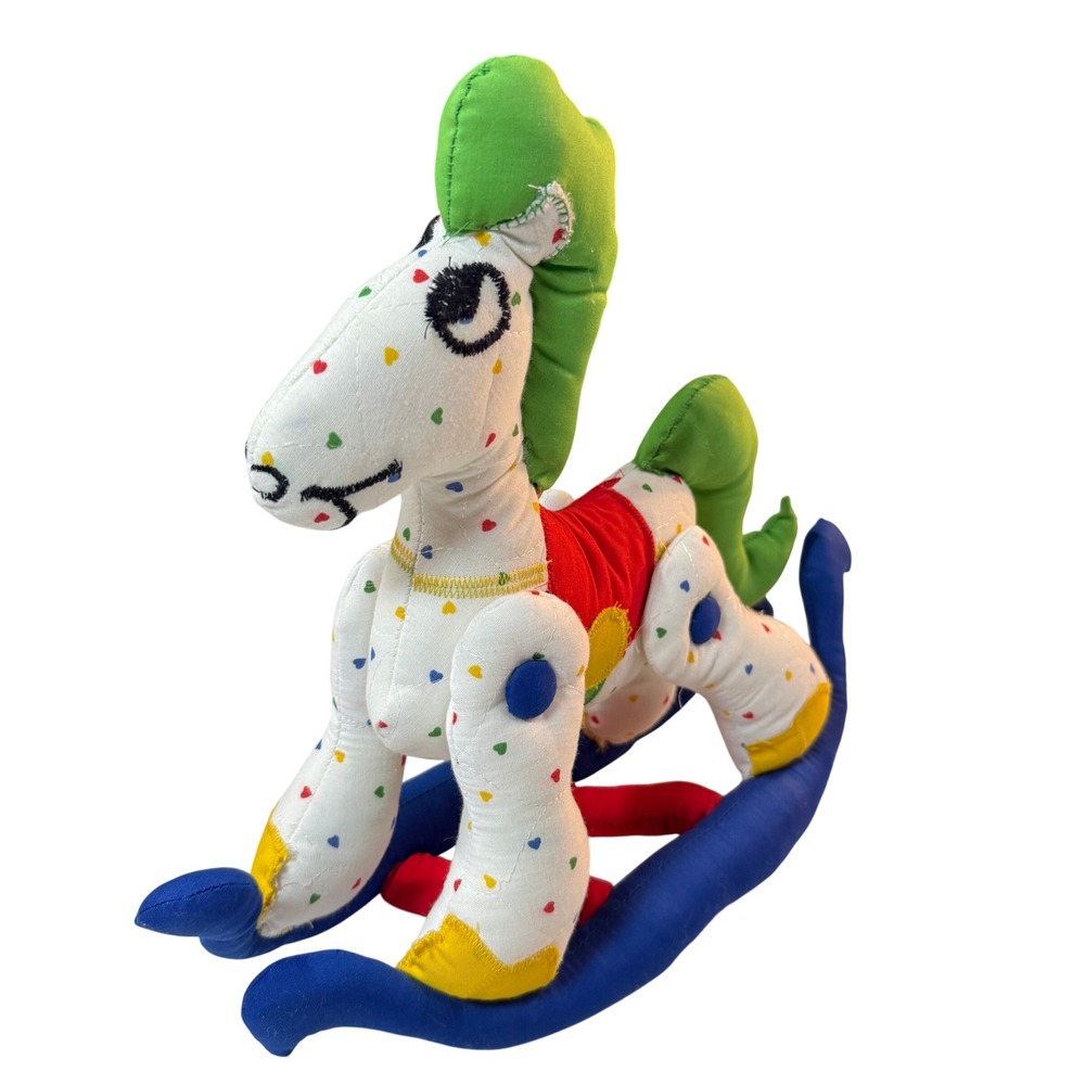 Vintage Handmade Fabric Rocking Horse Stuffed Toy Colorful Nursery Decor